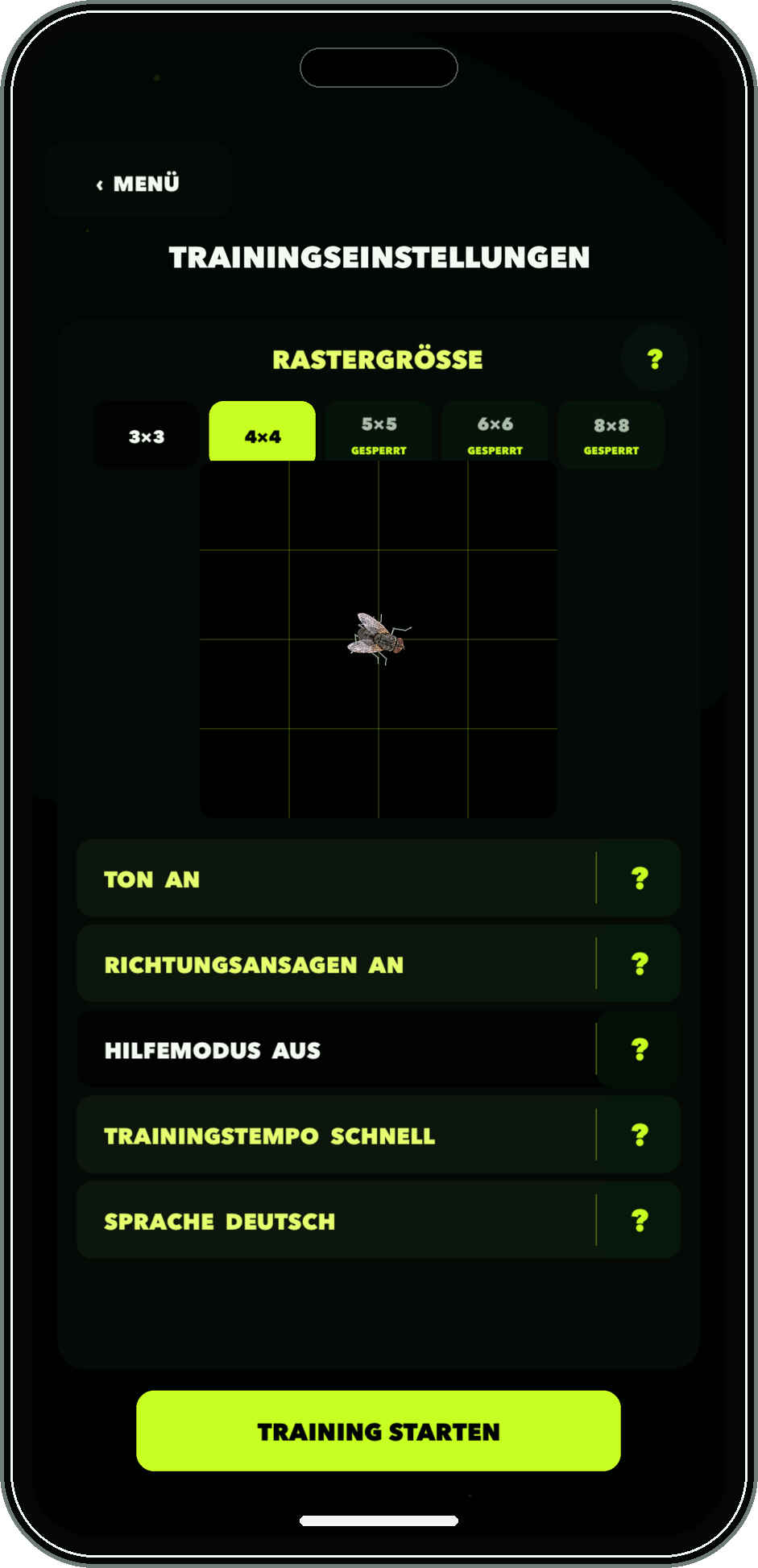 Deutscher Trainings-Einstellungsbildschirm von Flucking Fly
