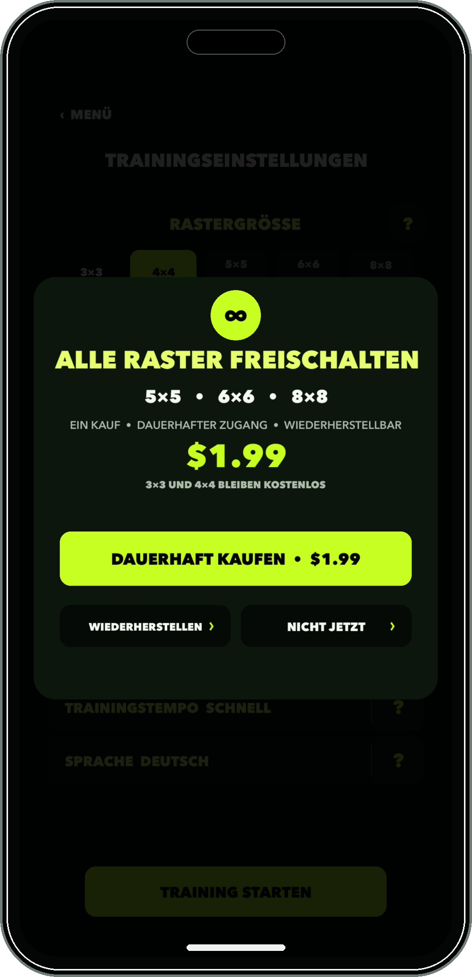 Deutscher Bildschirm zur dauerhaften Rasterfreischaltung