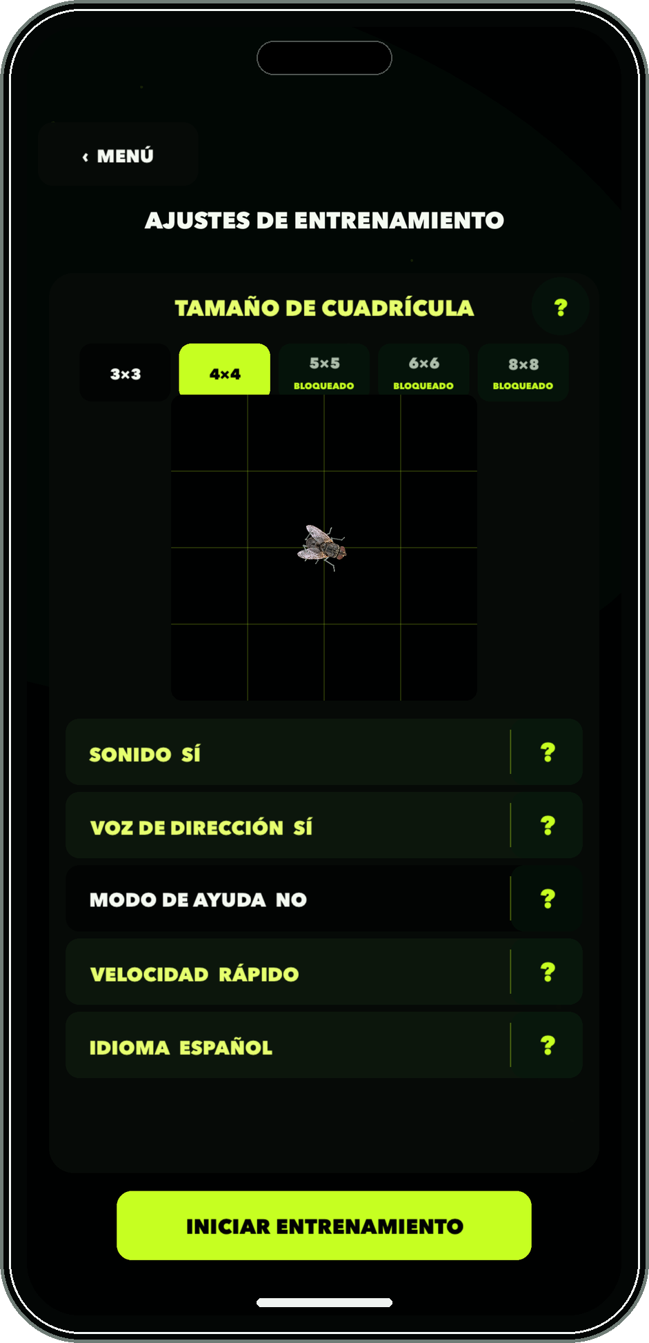 Pantalla de ajustes de entrenamiento de Flucking Fly en español