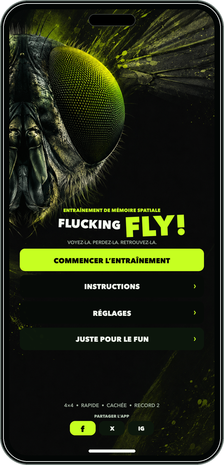 Écran d’accueil français de Flucking Fly sur iPhone