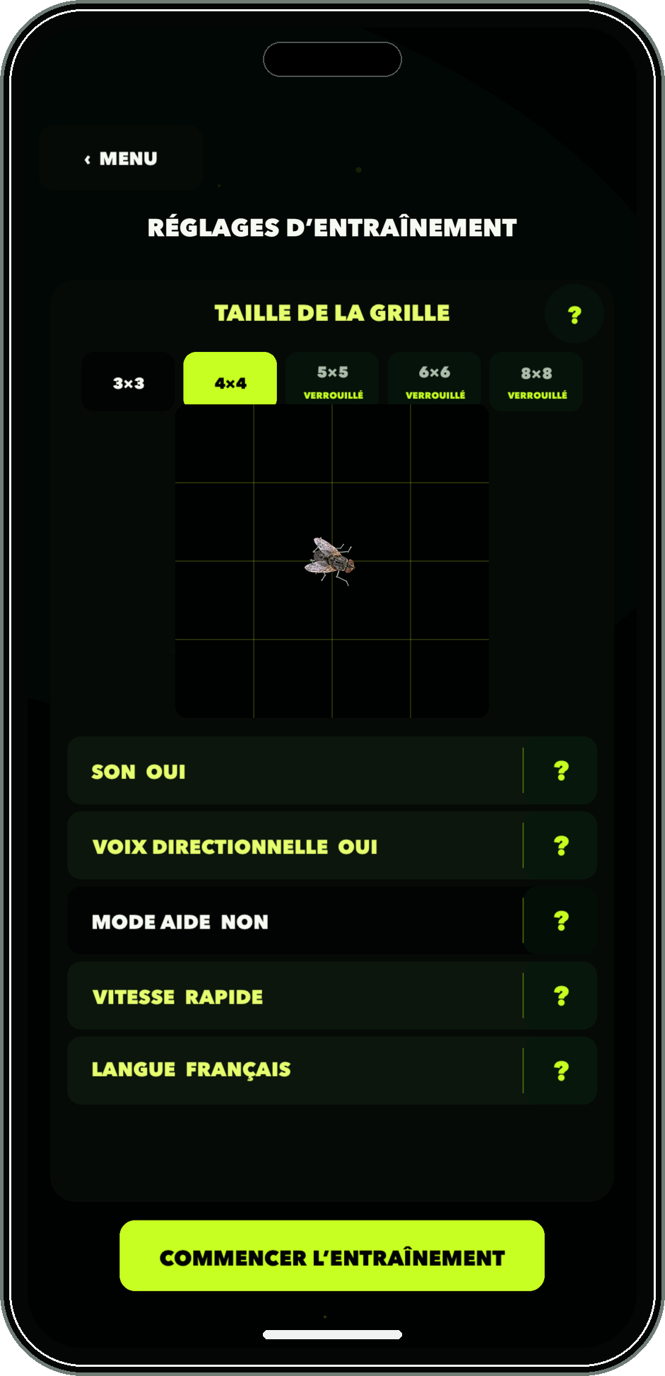 Écran des réglages français de Flucking Fly